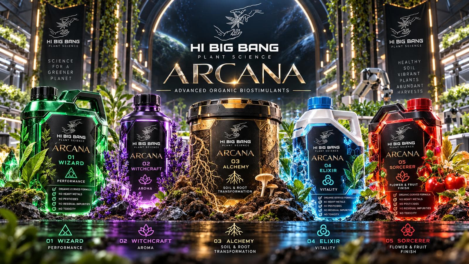 Supplied Arcana concept artwork showing Wizard, Witchcraft, Alchemy, Elixir and Sorcerer containers
