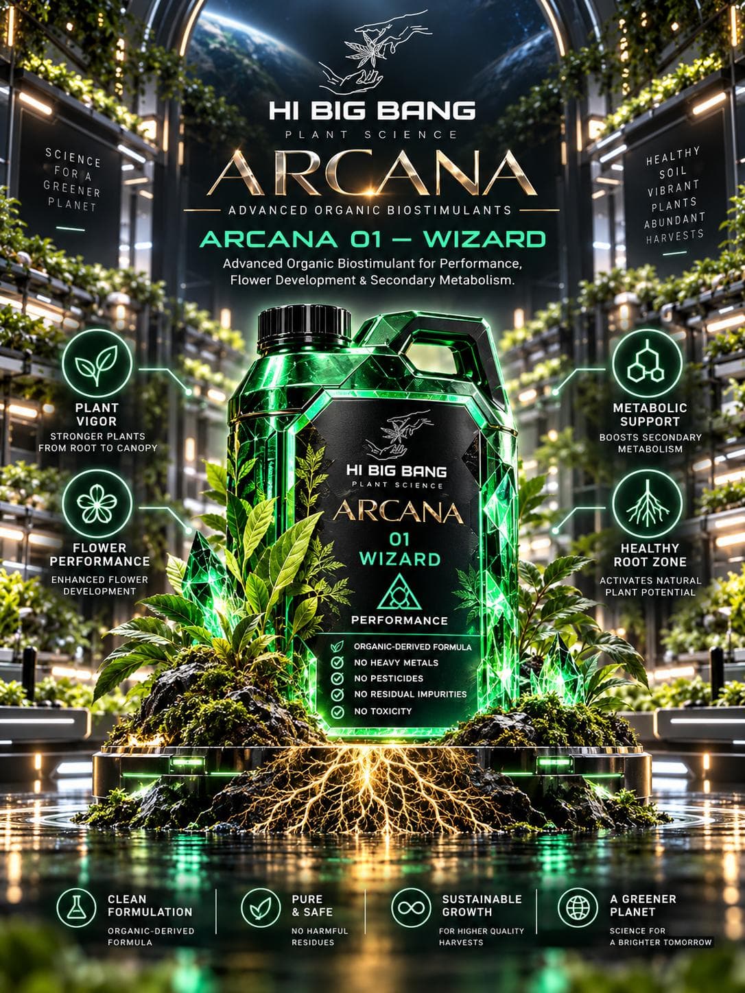 Supplied green Arcana Wizard product and packaging concept poster