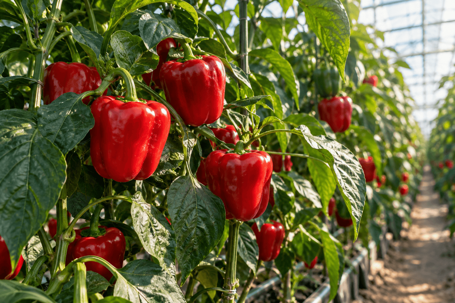 Ripening red peppers growing in a commercial greenhouse