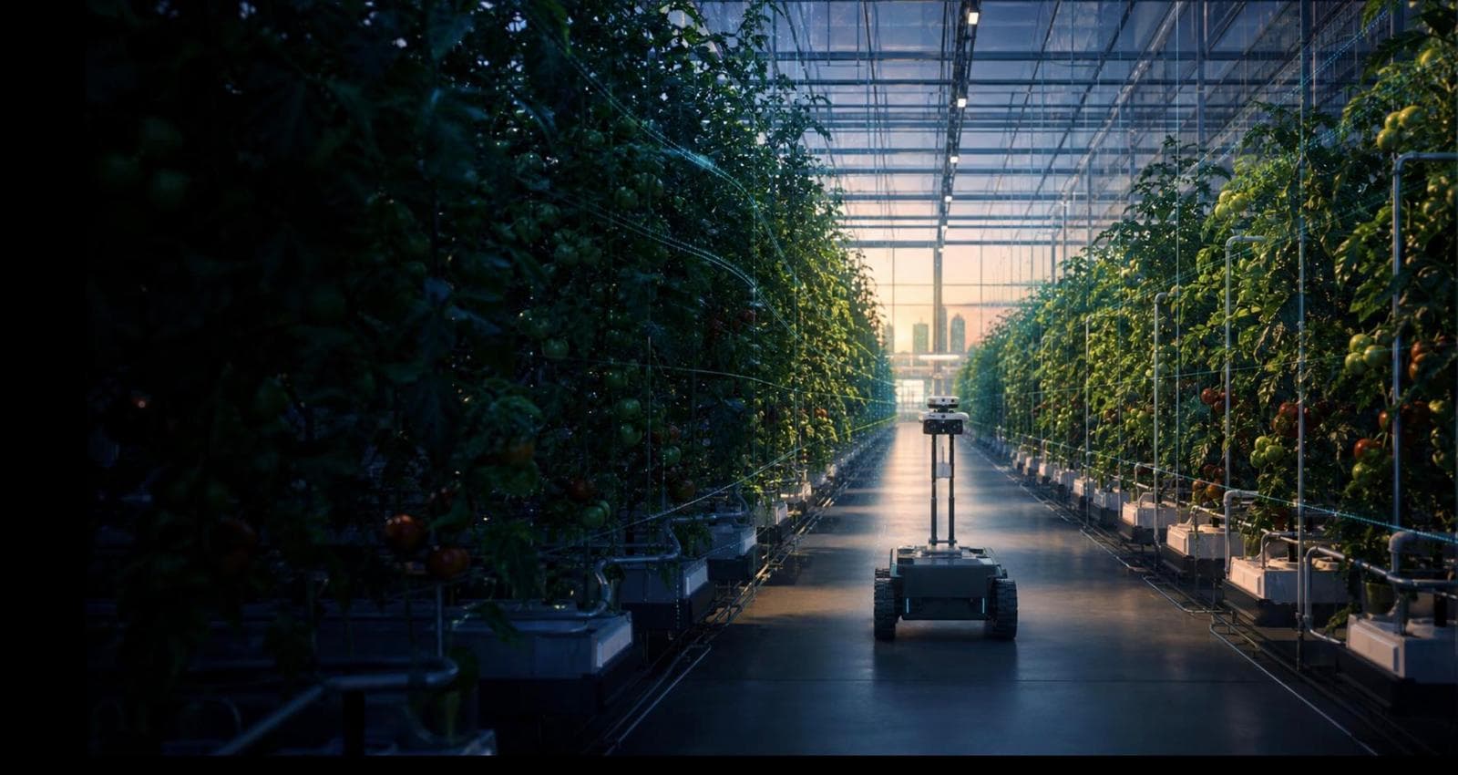 Agricultural monitoring rover between rows of tomato plants in a greenhouse