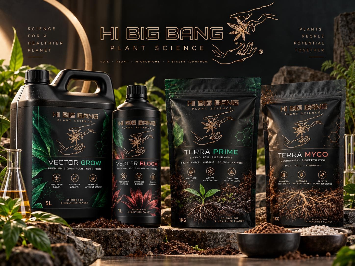 Supplied mixed product artwork showing Vector Grow, Vector Bloom, Terra Prime and Terra Myco
