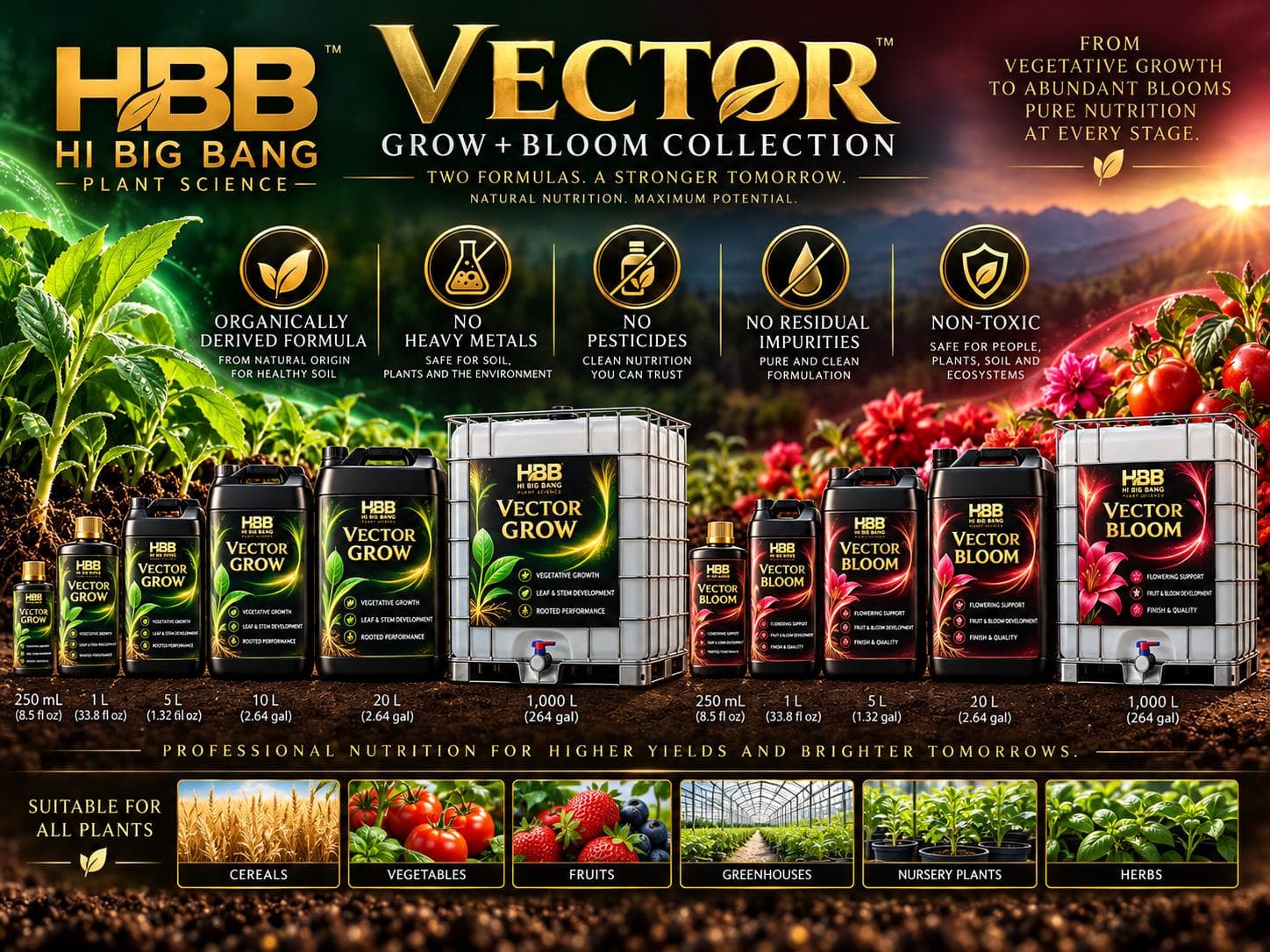 Supplied Vector Grow and Vector Bloom collection artwork showing both product ranges and proposed container sizes