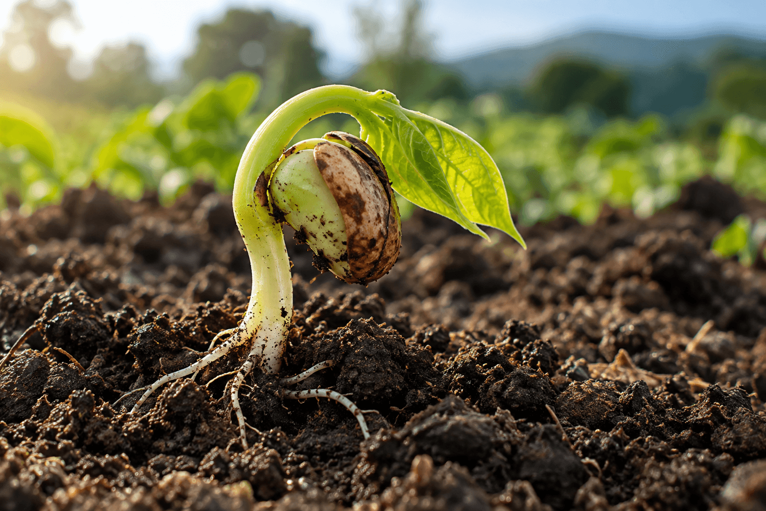 A seedling emerging from dark soil with its young roots visible