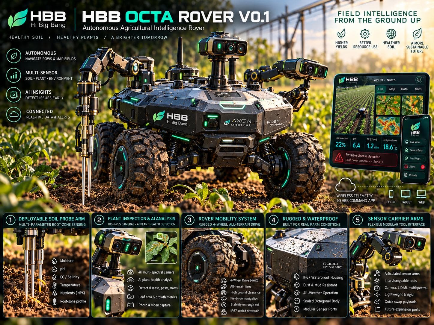 HBB Octa Rover V0.1 supplied concept artwork showing the rover and proposed field capabilities