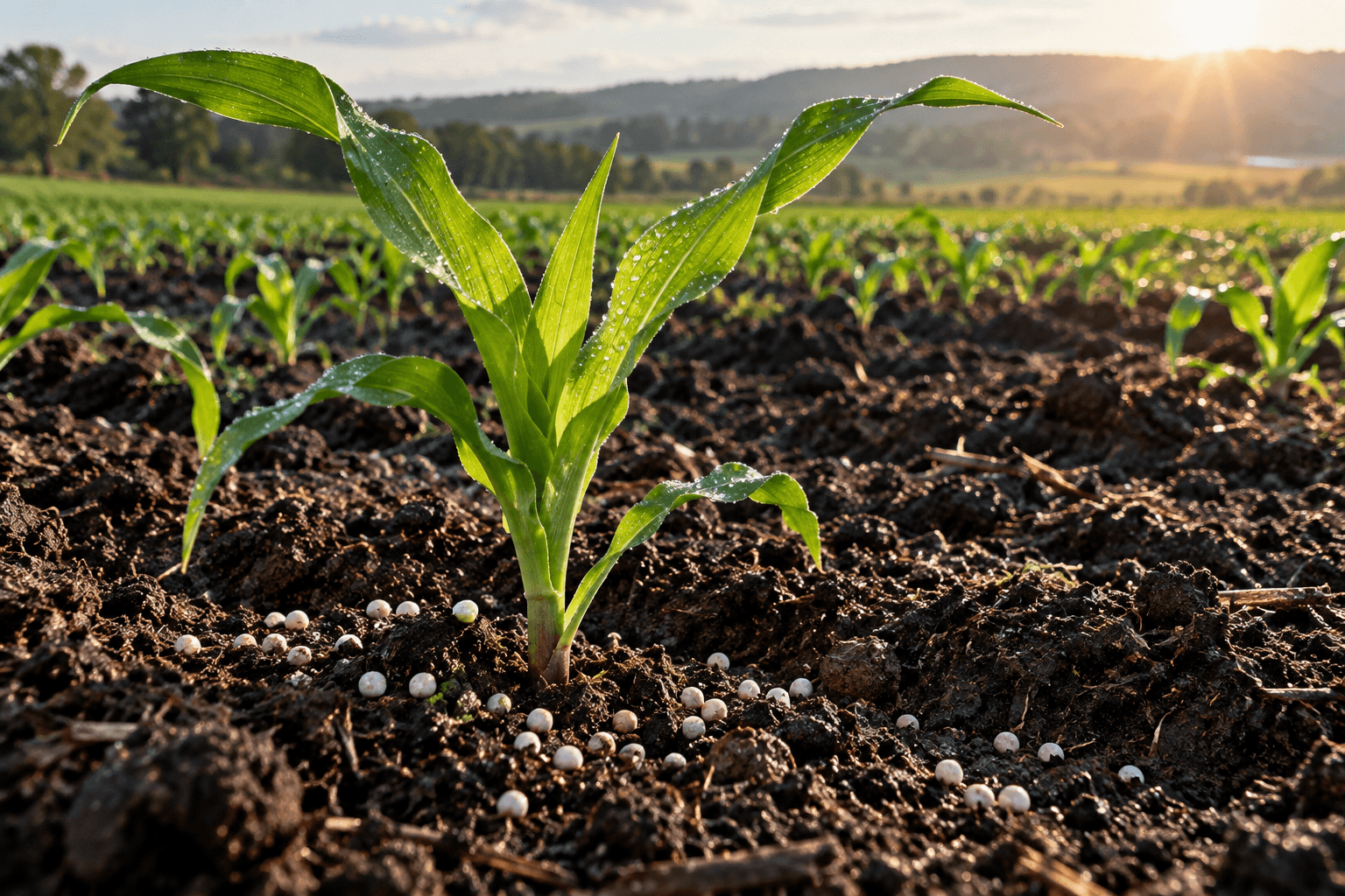 Young green crop growing in rich soil beside nutrient granules